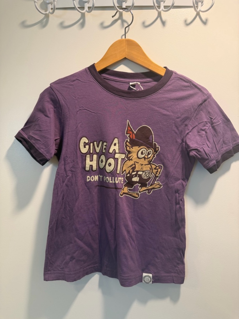 Give A Hoot Purple Kids Graphic Tee - Don't Pollute